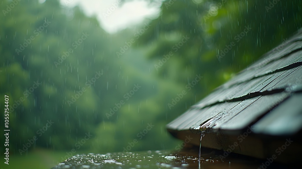 Aufkleber serene rainfall on rustic shingled roof - tranquil forest setting with hand-carved gutter and soft l