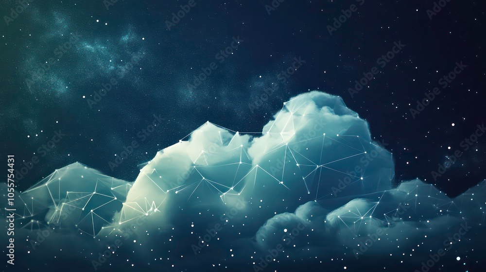 Poster a digital representation of clouds against a starry background, enhanced with geometric lines.