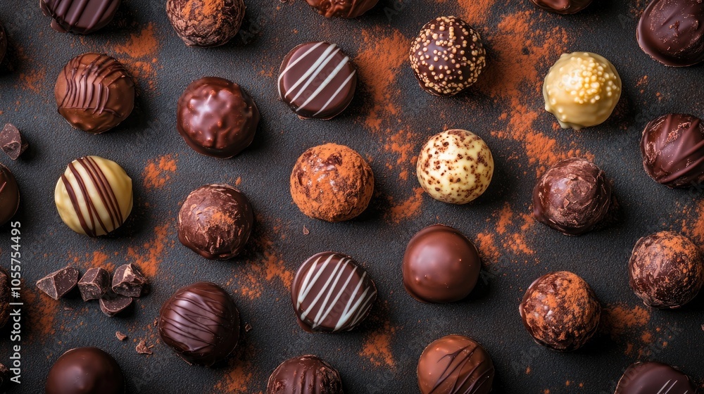 Poster top view of chocolate truffles on a background delicious cocoa confections