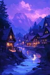 Fototapeta premium The early evening light casts a purple hue over the mountain village, with warm windows illuminating the calm river that flows through the enchanting landscape