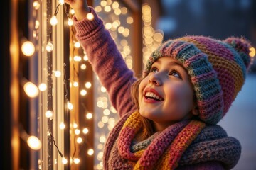 Joyful child admiring holiday lights in winter wonderland, cozy knitwear highlighting festive cheer and seasonal magic