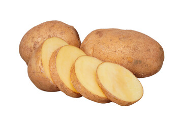 Two whole raw potatoes with some slices isolated transparent
