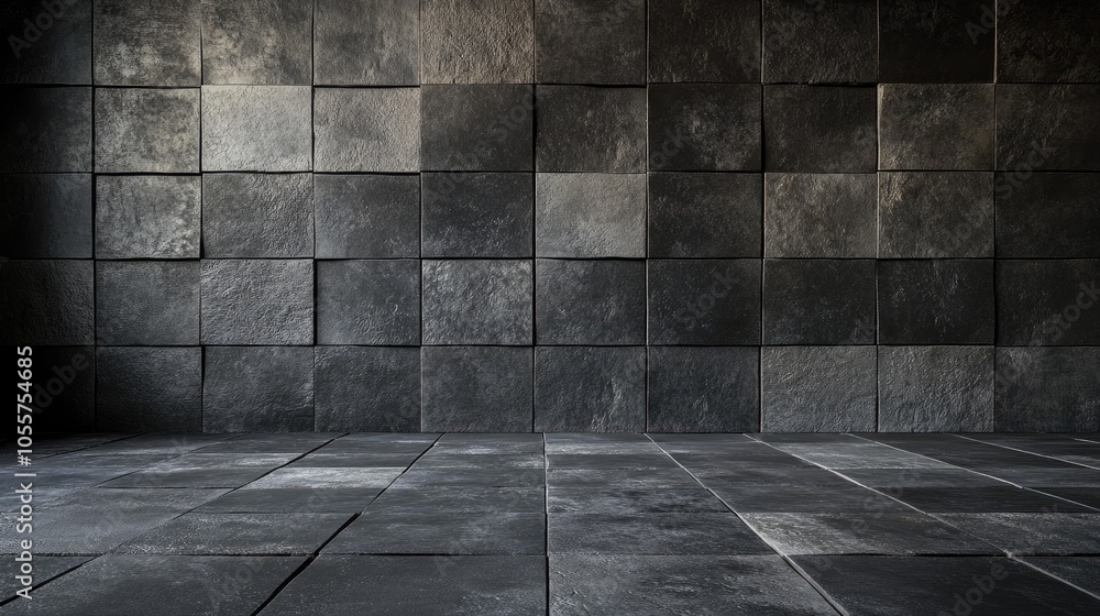 Aufkleber Dark gray anthracite concrete tiles on a stone wall and floor in an empty 3D studio creating an interior texture ideal for product display with a square wall background