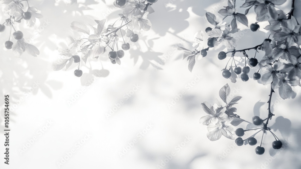 Poster Soft overlay blur enhances a natural light image featuring gray shadows of cherry tree branches and cherries against a white backdrop Abstract neutral nature concept for design use