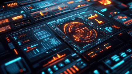 A futuristic interface displaying data analytics and visualizations in a digital environment.