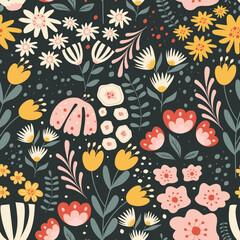 seamless pattern of decorative flowers on color background. Vector illustration.