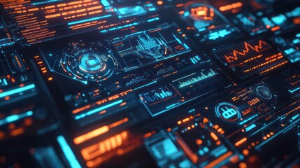 Futuristic interface displaying data visualizations and analytics.