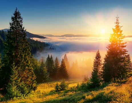 View from above of dark moody pine trees in spruce foggy forest with bright sunrise rays shining through branches in autumn mountains.