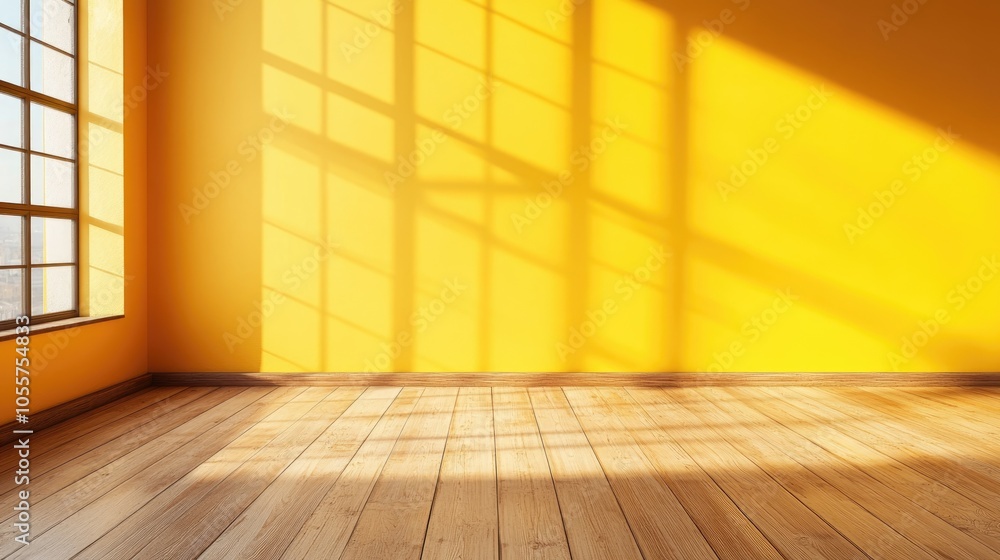 Poster bright yellow empty space featuring a wooden floor a window and a wall ideal for use as a blank back