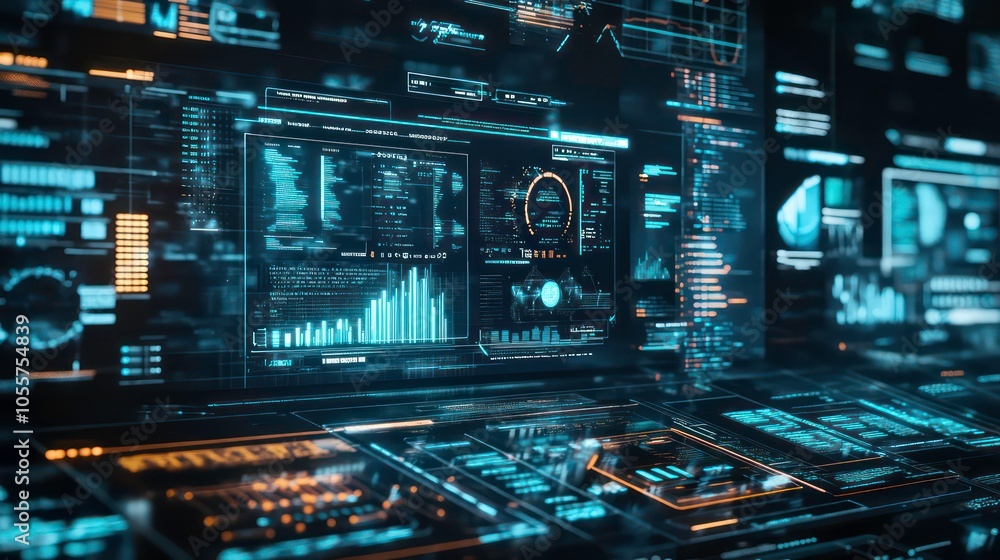 Poster Futuristic digital interface displaying data analytics and monitoring metrics.