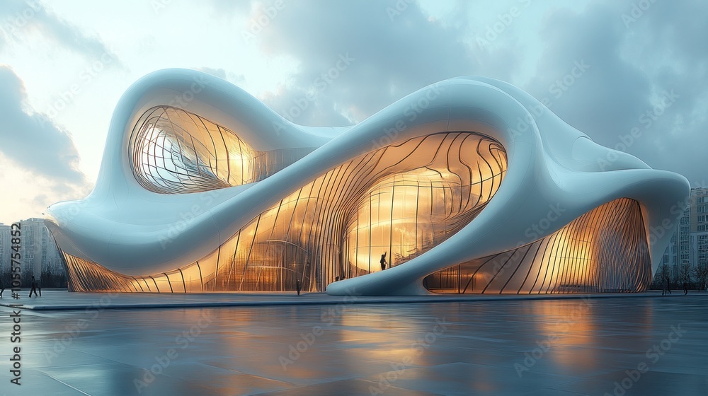 Poster a futuristic architectural structure with flowing forms and warm lighting.