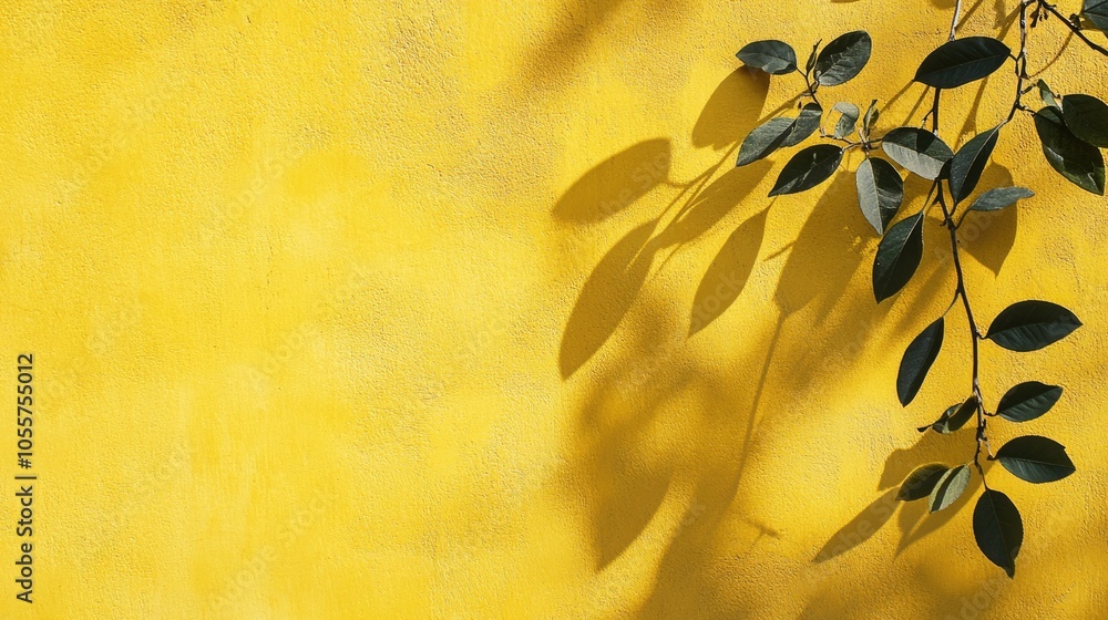 Poster leaf shadows cast on a vibrant yellow concrete wall texture an abstract trendy nature inspired backg