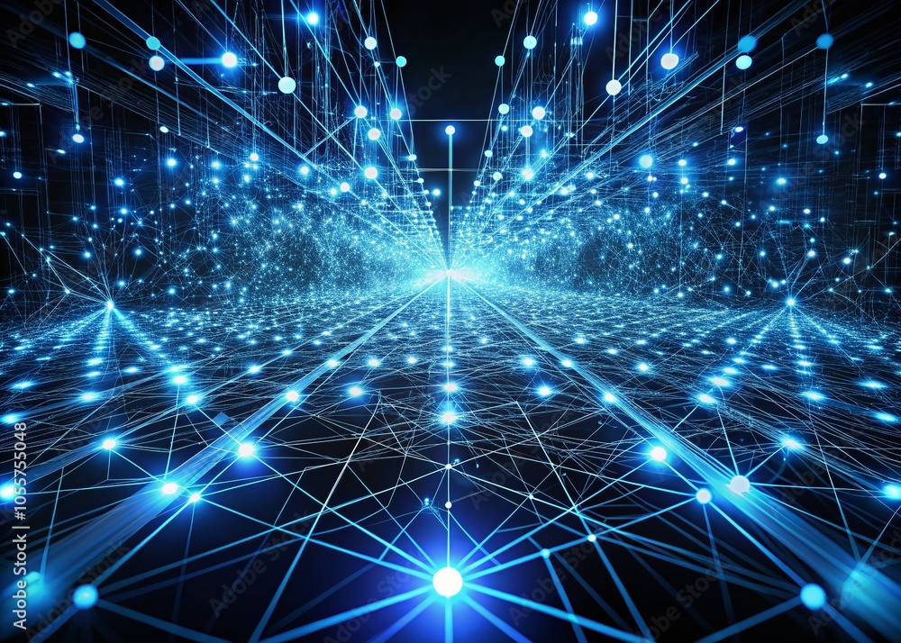 Poster cerulean blue digital paths mapping logistic networks on dark surface