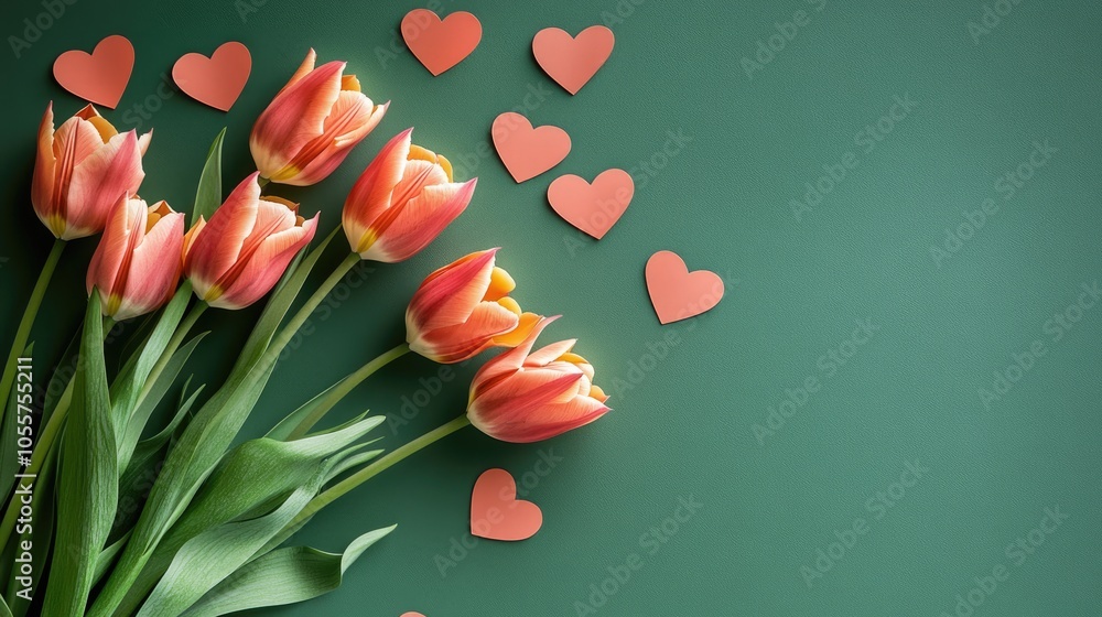 Poster spring tulip flowers arranged with paper hearts on a green tabletop for a cheerful greeting card des