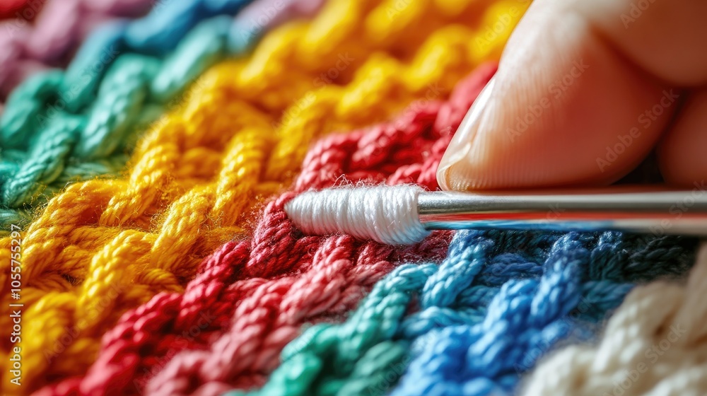 Poster Step by step process of looping on knitting needles using wool and cotton yarn