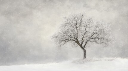 Fototapeta premium A striking landscape shrouded in a snow squall features a solitary snow covered tree bravely enduring the severe winter weather