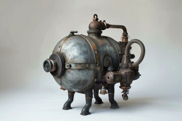 Steampunk mechanical robot dog standing on white background