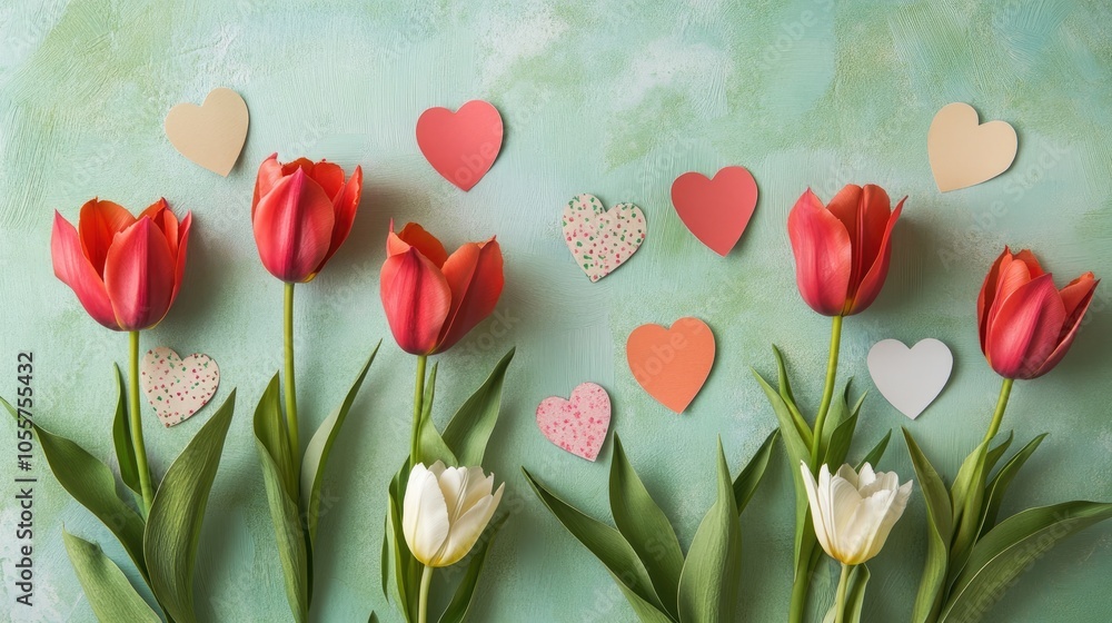 Poster spring tulip flowers arranged with paper hearts on a green tabletop for a cheerful greeting card des