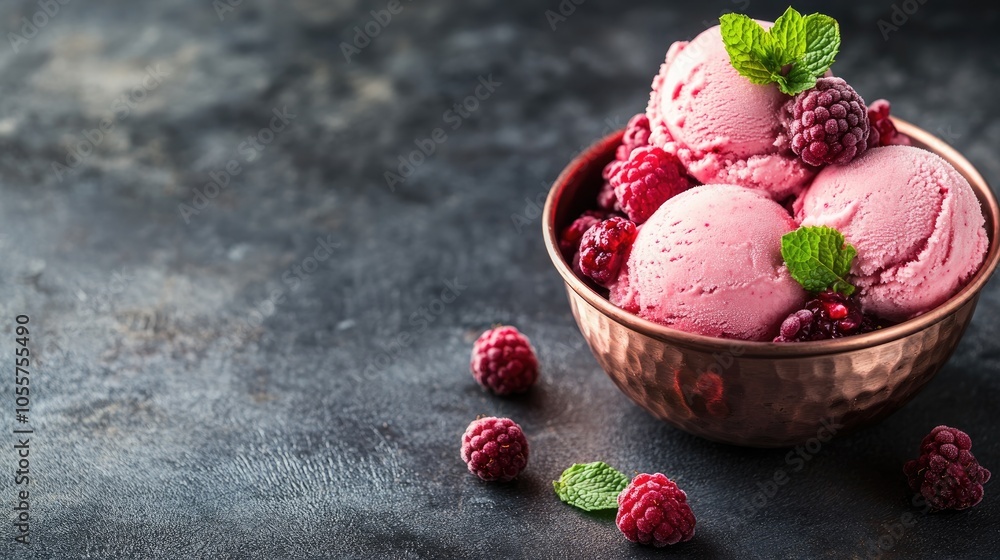 Aufkleber raspberry ice cream scoops in a copper bowl adorned with forest berries and mint a summer food theme