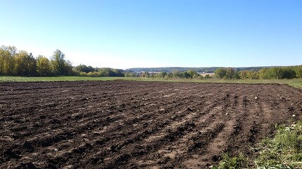 Freshly Tilled Soil Ready for Planting New Trees in a Lush Rural Countryside Landscape