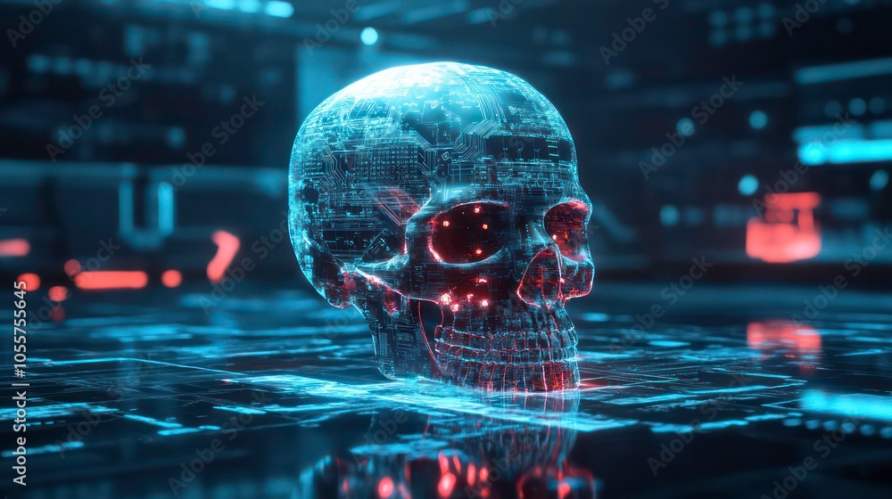 Aufkleber a futuristic digital skull composed of intricate circuitry and glowing elements.