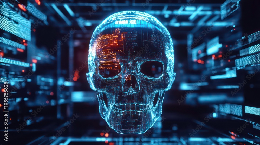 Aufkleber a digital skull rendered in a futuristic, abstract environment with glowing elements.