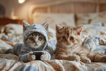 A group of adorable kittens wearing pajamas watching TV on a bed surrounded by fairy lights in a cozy setting