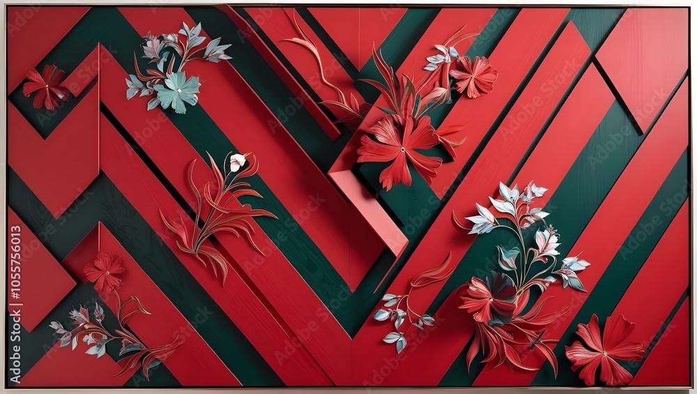 Poster A vibrant abstract art piece featuring bold red and green geometric patterns adorned with intricate floral details.