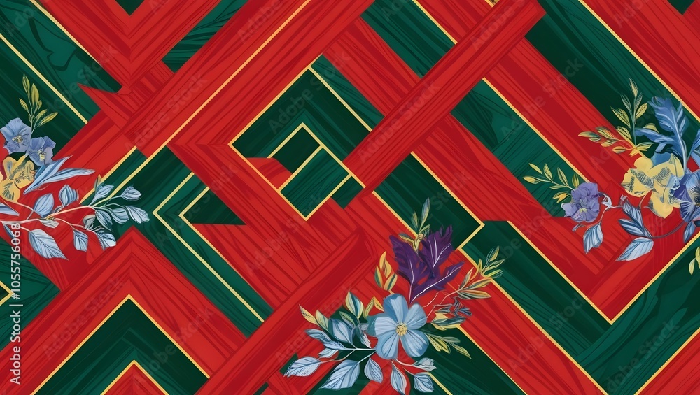 Poster A vibrant abstract pattern featuring overlapping red and green lines with colorful floral designs, creating a lively and artistic look.
