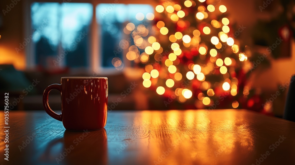 Poster Cozy Christmas setting featuring a mug on a table with a blurred background enhanced by warm ambient lighting from a festive tree