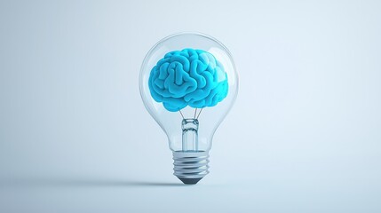 A light bulb encases a blue brain, symbolizing creativity, intelligence, and innovative thinking in a minimalistic and modern design.
