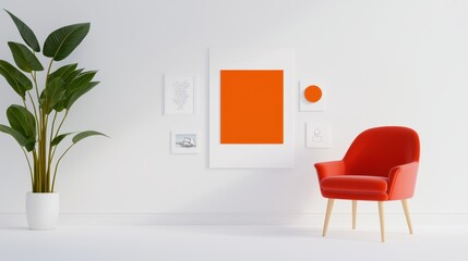 A modern interior featuring a red chair, vibrant orange artwork, and a tall green plant against a white wall, creating a stylish and inviting atmosphere.