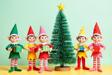 Festive elves with gifts around a christmas tree in bright colorful outfits