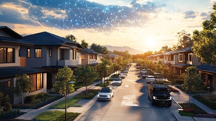 Obraz premium A digital rendering of a smart neighborhood with interconnected home 