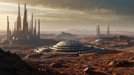 Obraz premium Futuristic City of the Future at Sunset: High Technology and Architectural Inspiration