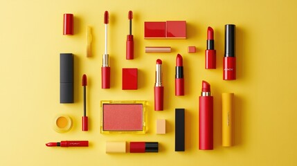 Bright red lipstick collection on pastel yellow  bold and modern beauty-focused layout © DREAMERLYN STUDIO
