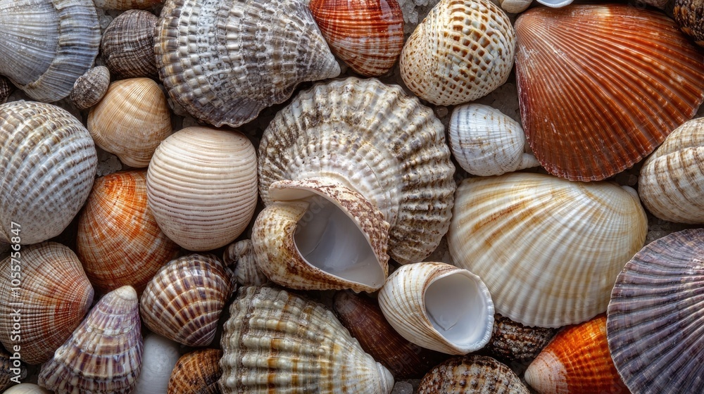 Aufkleber close up of various cockle shells in muted colors showcasing their intricate textures and patterns
