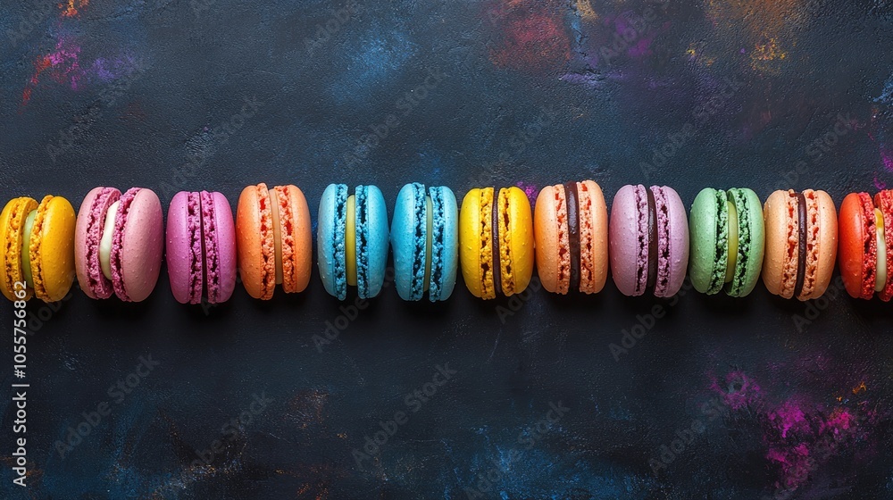 Poster Vibrant selection of colorful macarons lined up food backdrop ample space for text