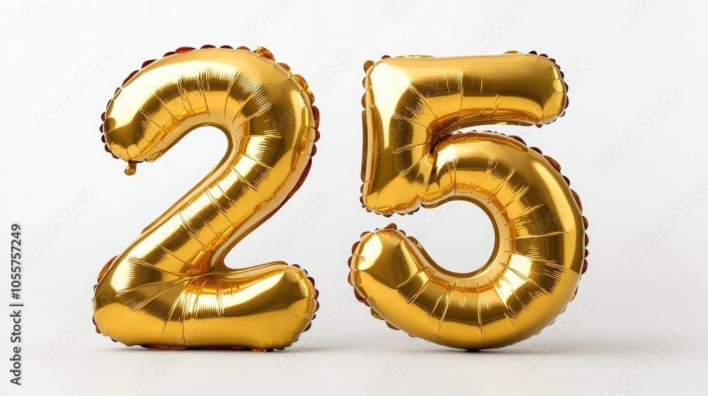 Poster golden inflatable balloons shaped as the number 25 isolated on a white background ideal for party de