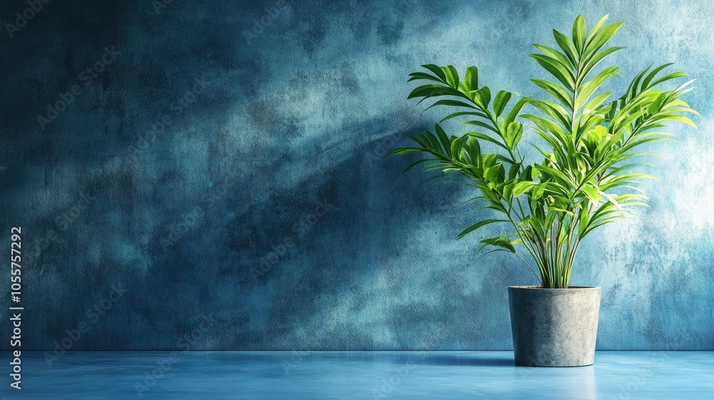 Poster A vibrant green plant in front of a calming blue concrete backdrop softly illuminated to create an enchanting atmosphere providing plenty of space for text