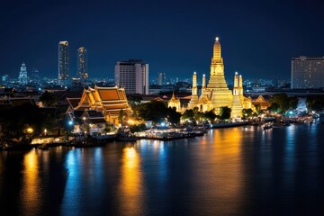 Obraz premium Night View of Wat Arun and Chao Phraya River, Bangkok