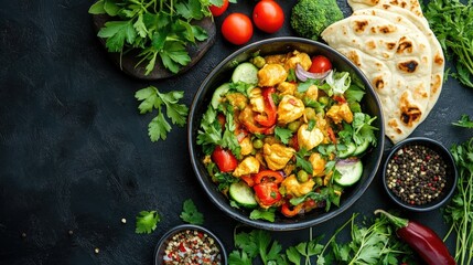Bowl of chicken curry salad accompanied by fresh vegetables naan bread and herbs set against a dark backdrop