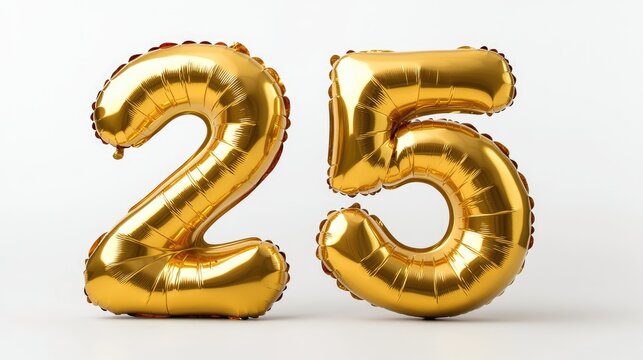 Golden inflatable balloons shaped as the number 25 isolated on a white background Ideal for party decorations celebrations anniversaries and birthdays