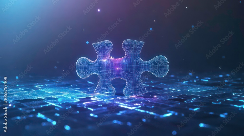 Aufkleber a translucent puzzle piece in a digital landscape, symbolizing connection and problem-solving.