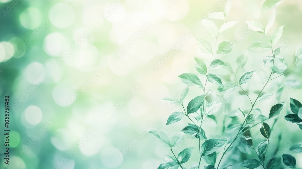 Poster Abstract blurred mint green bokeh with foliage creating a serene nature background Captures cool summer vibes and organic health with a focus on tranquility and freshness