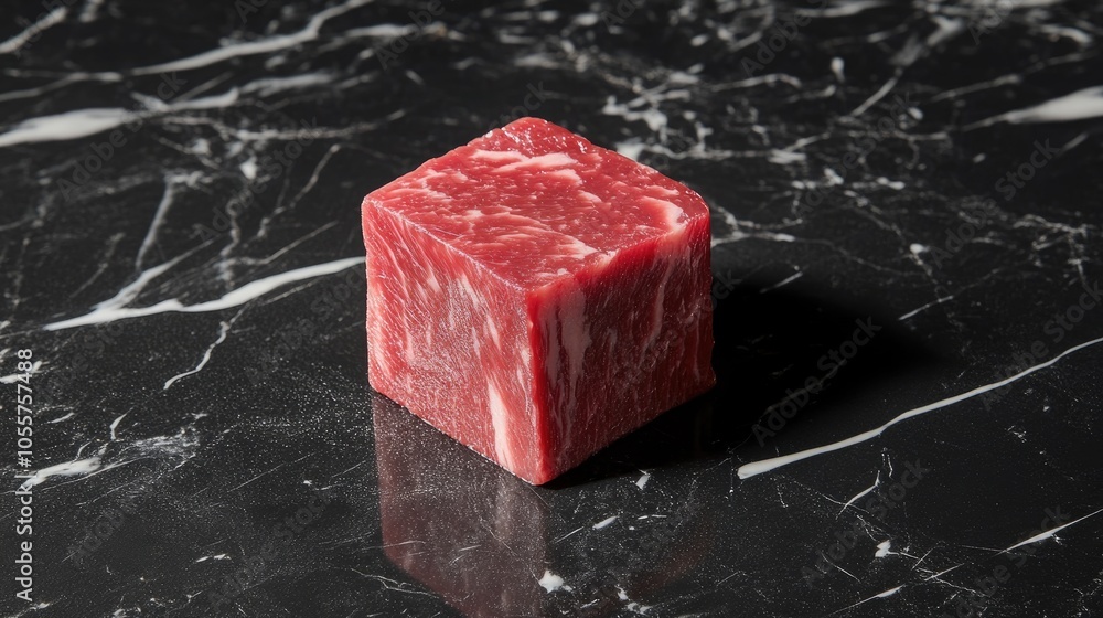 Poster perfect cube of wagyu beef resting on a black marbled surface accompanied by creative shadows