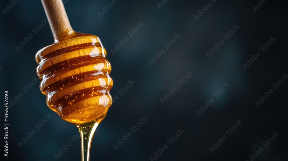 Poster honey dripping from a wooden dipper against a dark background a sweet natural product ideal for your