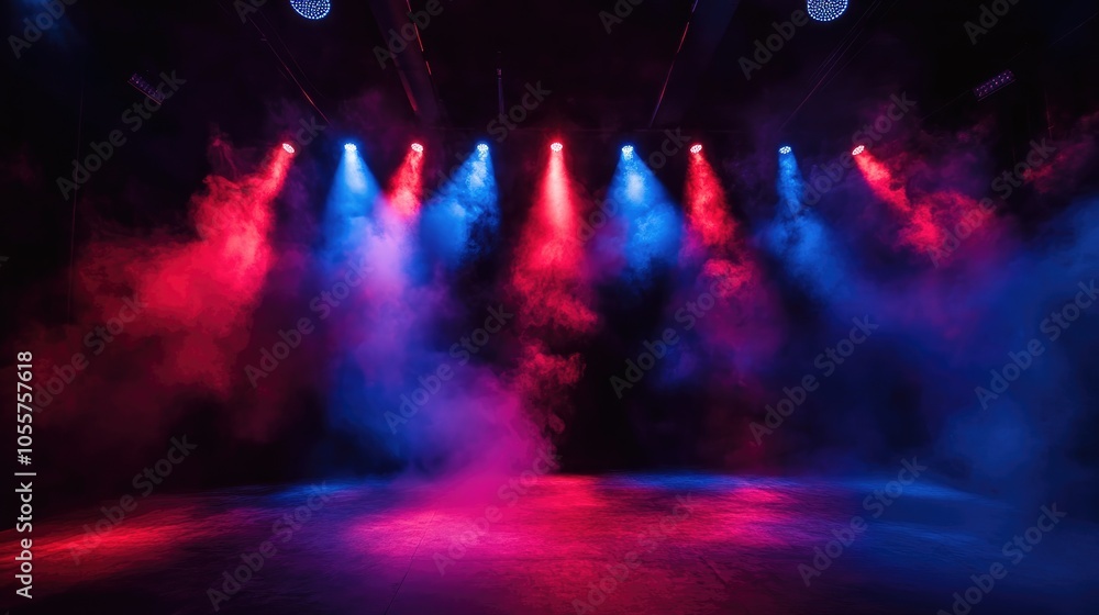 Poster illuminated stage featuring scenic lights and smoke showcasing blue and red spotlights with a volume