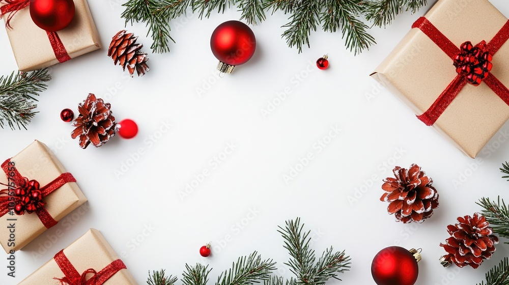 Poster Christmas composition featuring gifts fir tree branches and red decorations on a white background Concept of winter and New Year presented in a flat lay with ample copy space