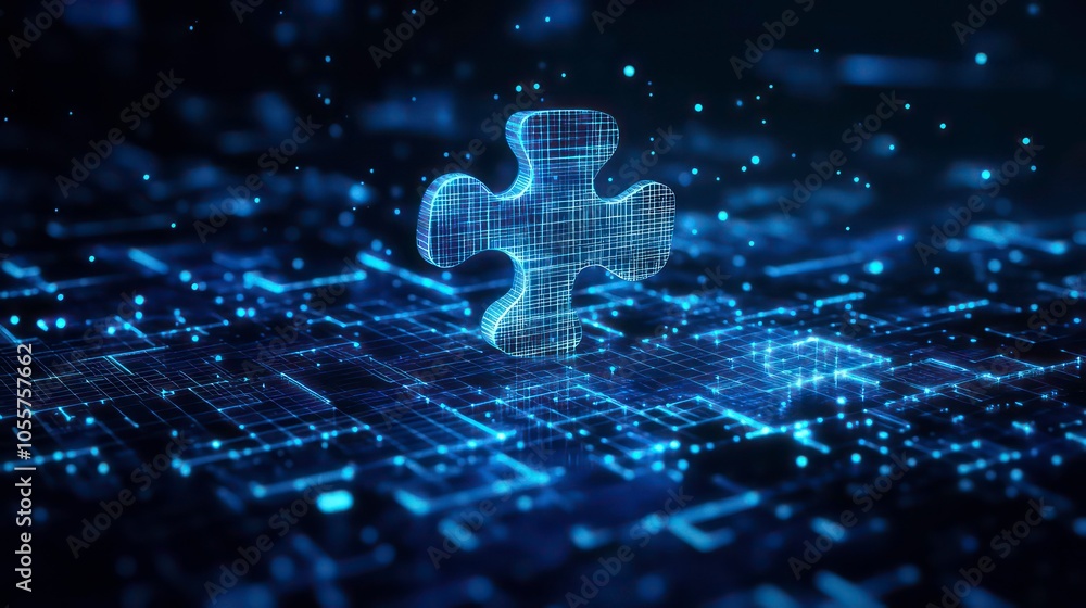 Poster A glowing puzzle piece on a digital grid, symbolizing connection and problem-solving.